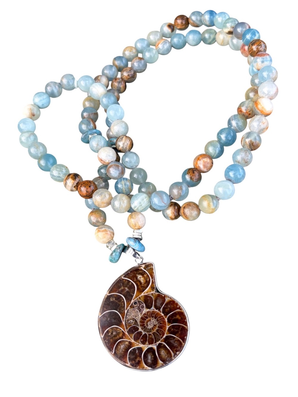 Blue Calcite Lemurian Aquatine & Amonite Mala Necklace